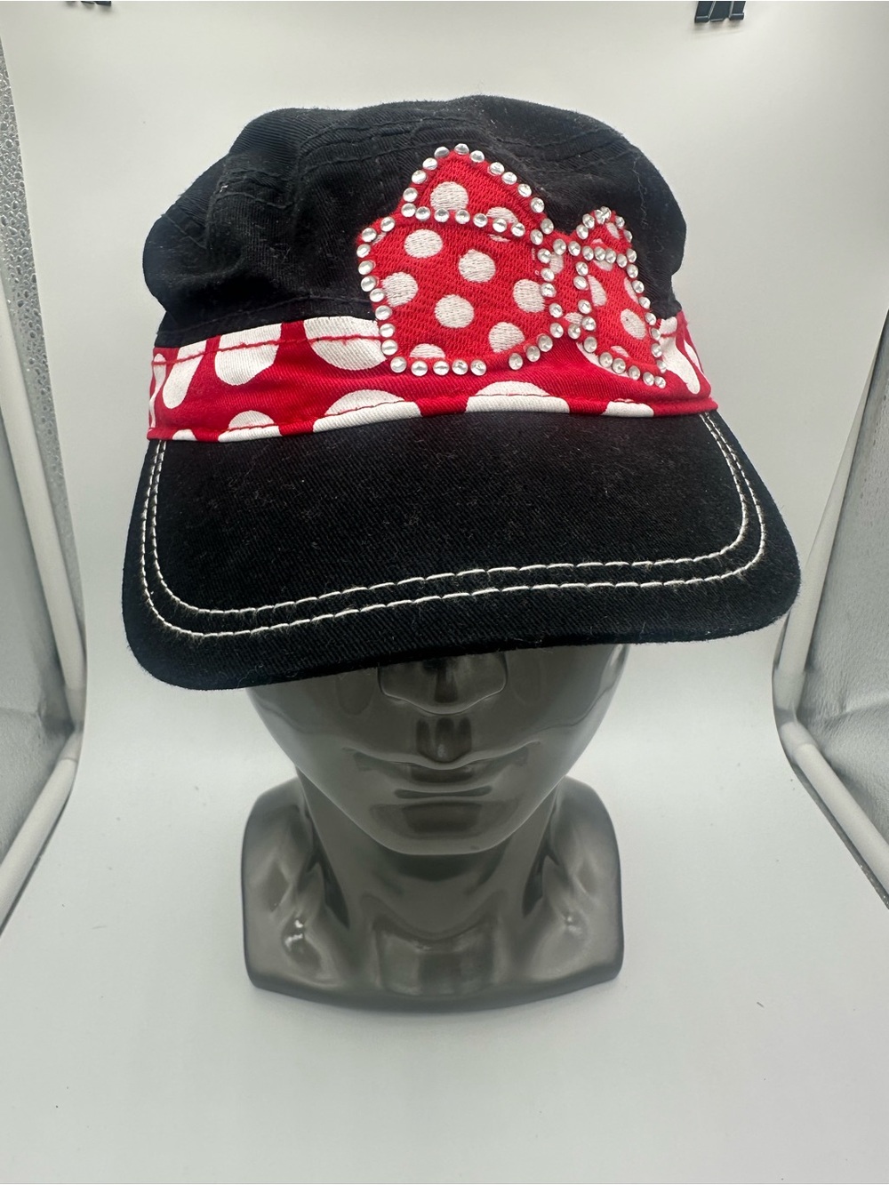 Disney Black Hat with Red Polka Dot Bow and Rhinestones